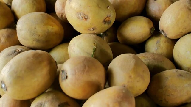 Manilkara zapota sapodilla stacked in a vendor basket during a sunny afternoon. The dolly handheld shot emphasizes the fruit natural sweetness and rich brown tones, inviting viewers 