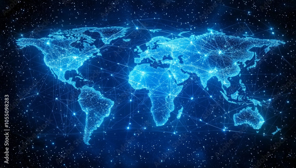 Poster digital data flow and global network concept with blue glowing lines on world map