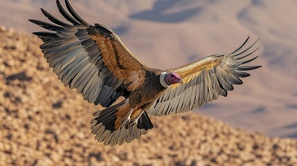 Fototapeta premium A Hooded Vulture soars over a rocky desert landscape with its wings spread wide.