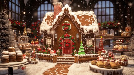 Fototapeta premium Cozy Gingerbread House Surrounded by Christmas Joy