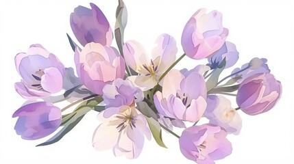 Delicate watercolor bouquet of spring tulips in soft pink and purple tones isolated illustration on white background minimalistic composition for greeting cards banners high resolution and detail