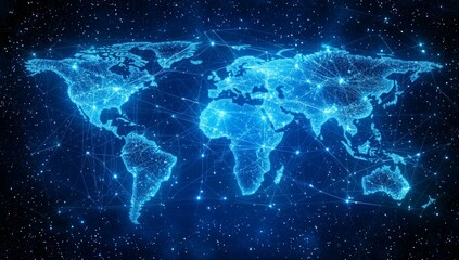 Naklejka premium Digital Data Flow and Global Network Concept with Blue Glowing Lines on World Map