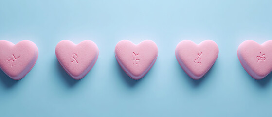 Obraz premium Five pink heart-shaped candies arranged on a blue background, perfect for Valentine's Day or romantic themes.
