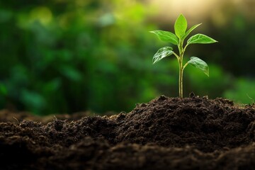 Fototapeta premium A Single Green Sprout Emerging from Dark Soil