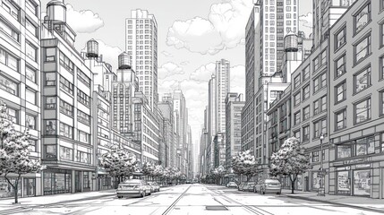 A Black and White Sketch of a City Street Scene with Tall Buildings and Cars