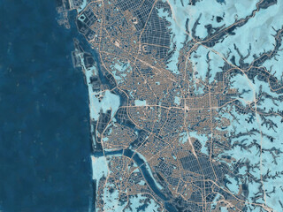 Painterly Style City Map of Akita, Japan in a Blue Color Scheme.