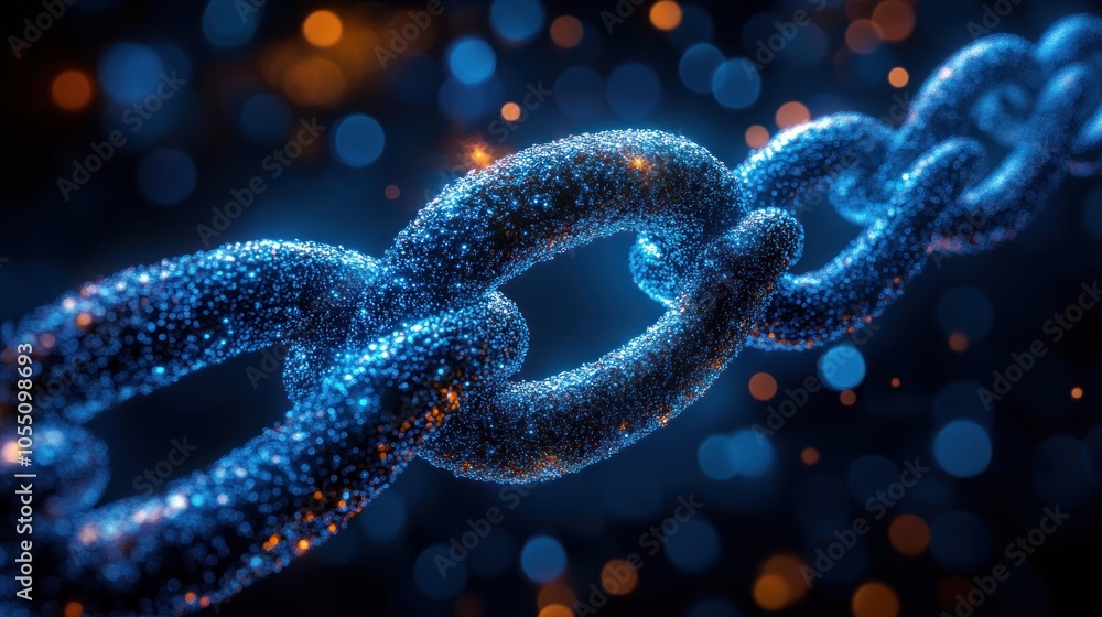 Poster a close-up of a glittering chain with a blue and orange bokeh background.