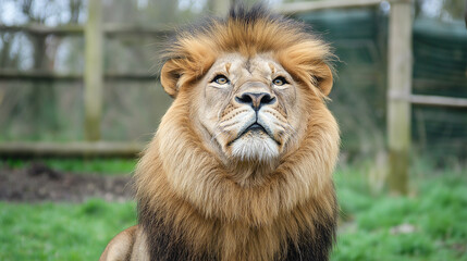 Obraz premium Majestic lion sitting on grass, looking regal with a calm, intense gaze. Its thick mane and powerful posture exude strength and confidence in the natural habitat.