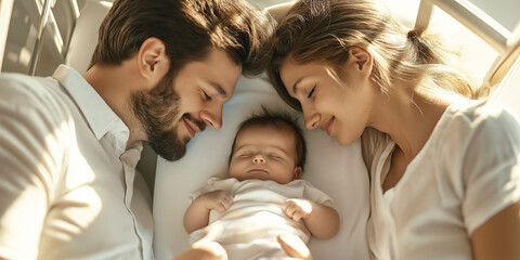 Tender family moment with parents lovingly holding their newborn baby. The soft light and close embrace highlight the warmth and affection in this intimate scene.