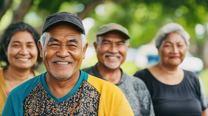 Three senior friends smile warmly, standing together in a park. The image reflects friendship, joy, and the value of shared memories in later years, a tribute to companionship.