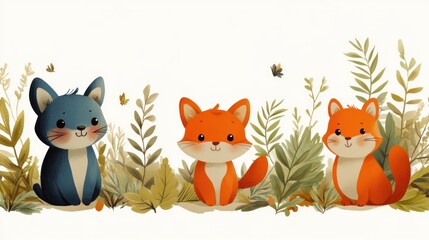 Naklejka premium Two Orange Foxes and a Blue Cat Sitting in Green Foliage