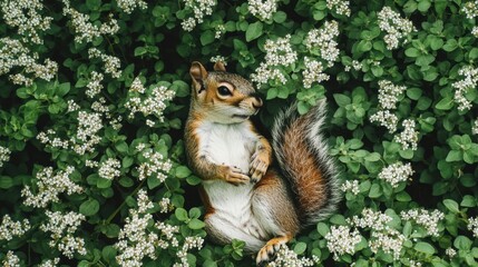 Obraz premium Squirrel lying among blooming bushes on a lush green background with a peaceful expression