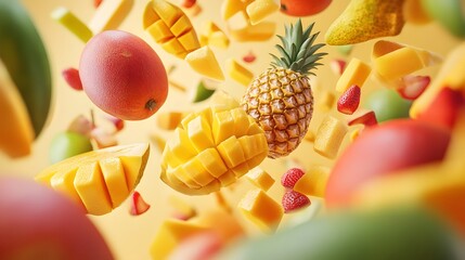 A variety of tropical fruits like mangoes and pineapples falling together with realistic textures