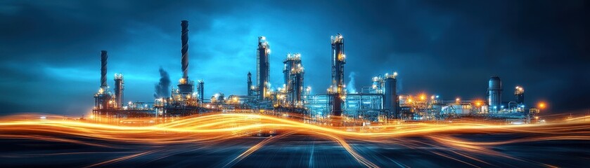 Fototapeta premium Illuminated Industrial Refinery at Night with Dynamic Light Trails and Dramatic Sky in the Background