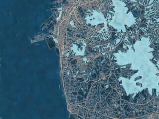 Painterly Style City Map of Arao, Japan in a Blue Color Scheme.