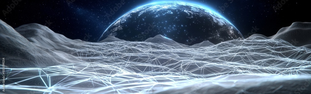 Aufkleber abstract digital world with glowing connections and data streams on dark blue background