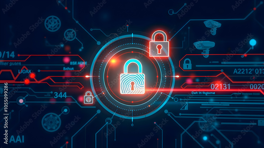 Poster cyber security concept. lock on circuit board background.