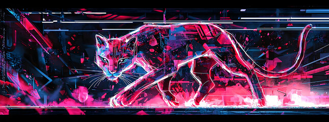 Abstract digital art of a cat with neon pink and blue colors.