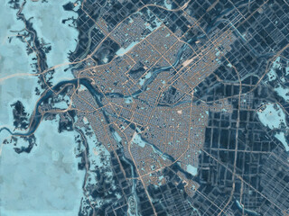 Painterly Style City Map of Asahikawa, Japan in a Blue Color Scheme.