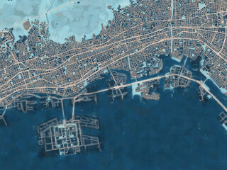 Painterly Style City Map of Ashiya, Japan in a Blue Color Scheme.