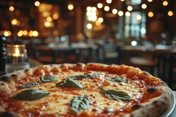 A freshly baked margherita pizza topped with basil in a warm, inviting restaurant setting during the evening hours