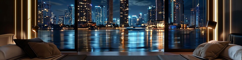Obraz premium Bedroom at night, open window, modern Bangkok skyline, illuminated skyscrapers, reflections on water, cozy bed in view.