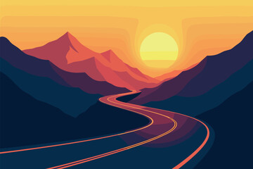 Winding Road Through Mountains at Sunset with Vibrant Sky