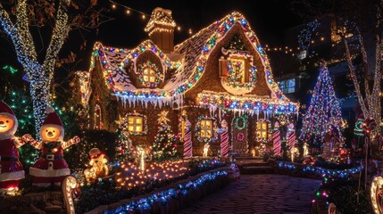 Fototapeta premium Magical Gingerbread House Surrounded by Christmas Lights