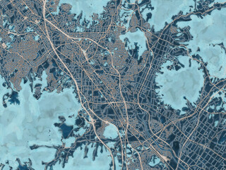 Painterly Style City Map of Chikushino-shi, Japan in a Blue Color Scheme.