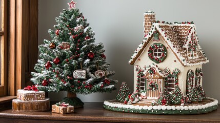 Obraz premium Delightful Gingerbread House with a Festive Christmas Tree