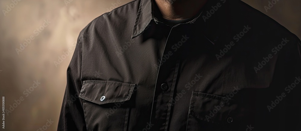 Poster dark men s shirt in close up with a blurred background featuring a clear area for additional text or