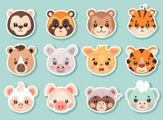 Naklejka premium A vibrant array of adorable animal faces showcases cute expressions and charming designs