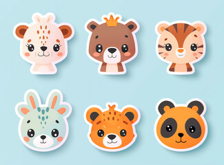 Fototapeta premium Adorable animal character stickers featuring playful designs on a light blue background