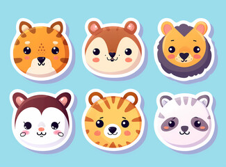 Fototapeta premium Charming collection of adorable animal faces on a pastel blue background