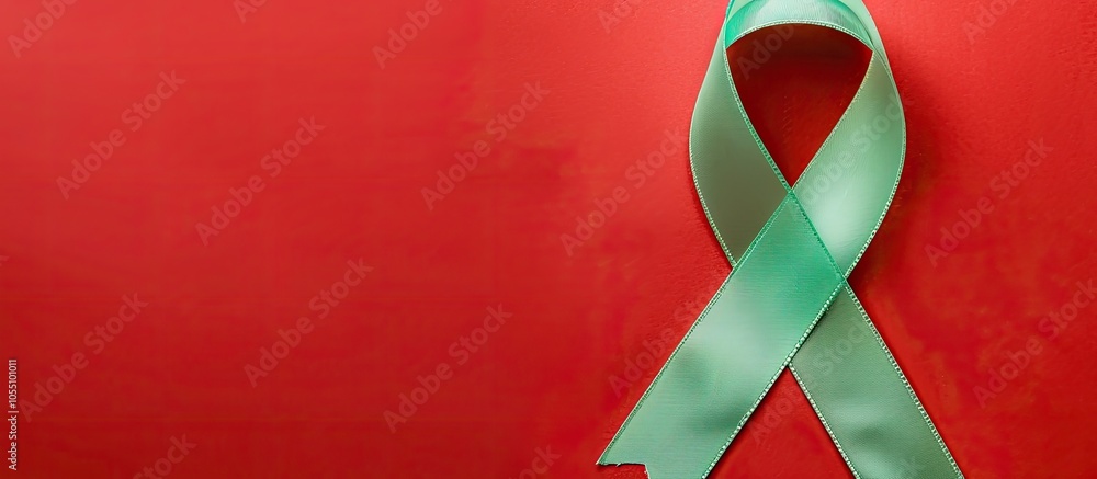 Poster top view of a light green awareness ribbon on a red background with copy space image available for t