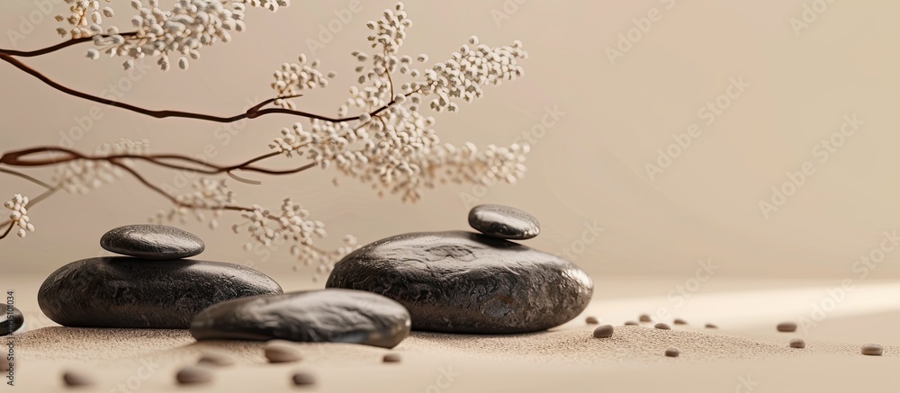 Poster front view of a serene nature setting featuring dark stones a hazy flower branch and a beige backdro