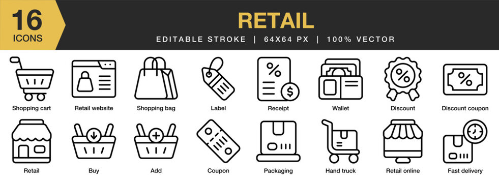 Retail icon set. Editable Stroke Icon Collection. Includes add cart, buy, coupon, discount, fast delivery, hand truck, and More. Outline icons vector collection.