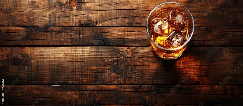 Poster a rustic wooden background with a glass of whiskey bourbon or cognac topped with an ice cube allowin