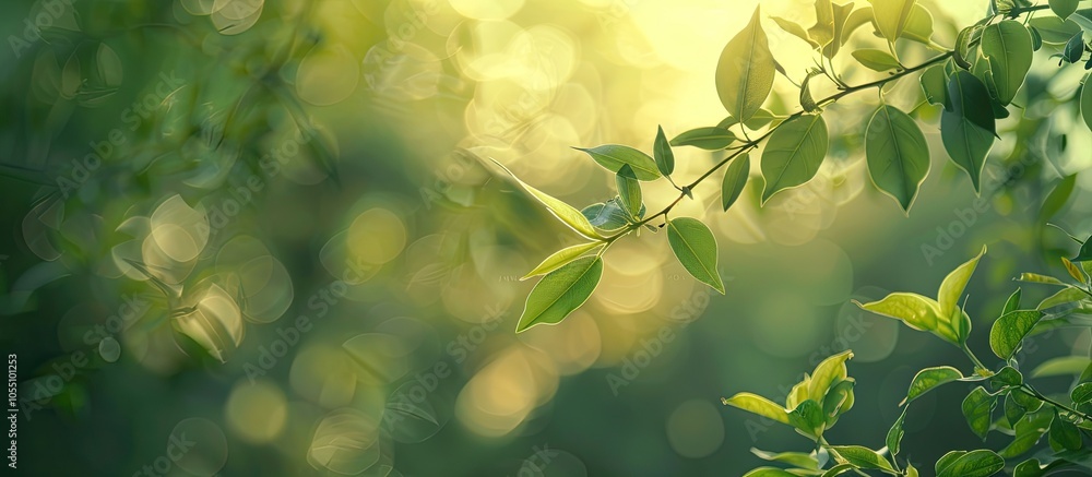Poster close up shot capturing leaves and stems against a blurred green backdrop in a copy space image