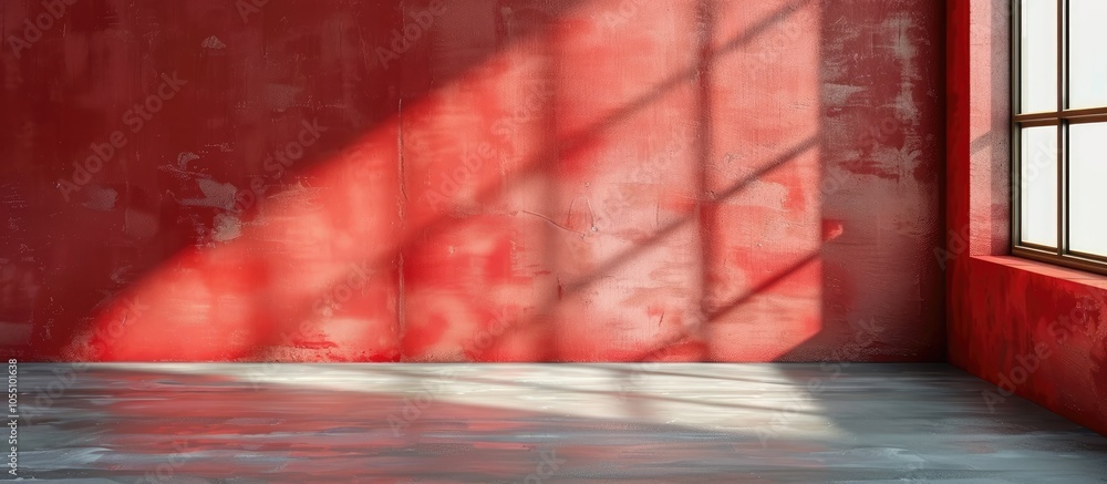Poster red background with wall cement interior for text and product display complete with shadows from win