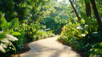 Naklejka premium Serene Path Through Lush Green Forest