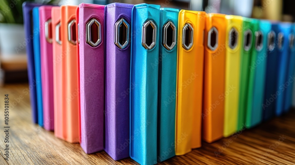 Poster a row of colorful binders arranged neatly on a wooden surface.