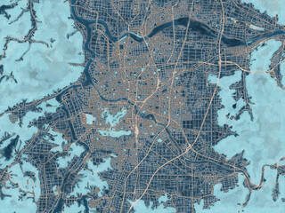 Painterly Style City Map of Fukui-shi, Japan in a Blue Color Scheme.