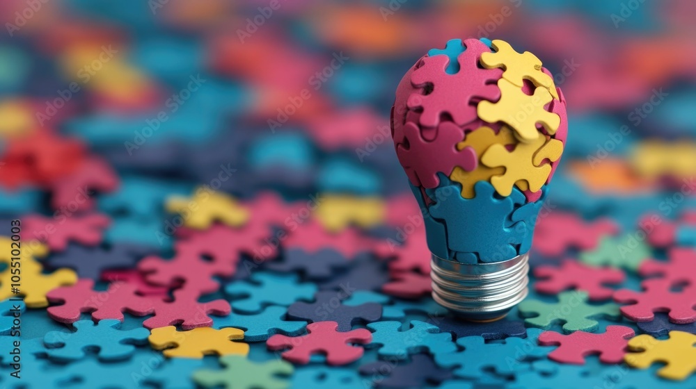 Aufkleber puzzle pieces assembled together to form a colorful lightbulb representing the innovative process of