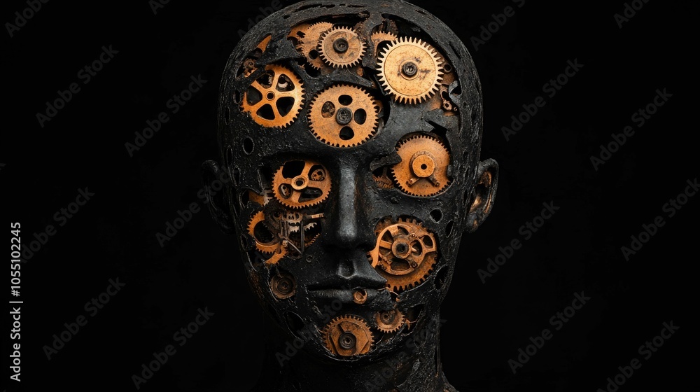 Poster mechanical creativity an abstract portrait of the ingenious mind showcasing gears and cogs turning i