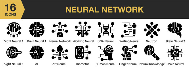 Neural Network solid icon set. Includes writing, working, sight, neutron, network, and More. Solid icons vector collection.