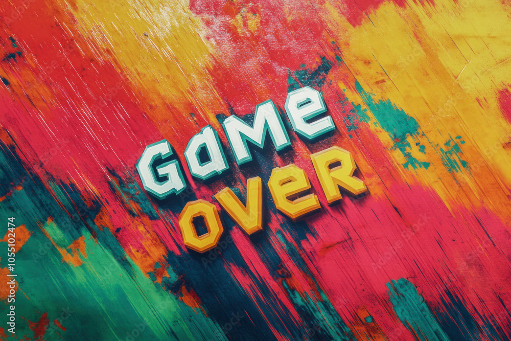 Poster game over sign displaying ending of video game on colorful background
