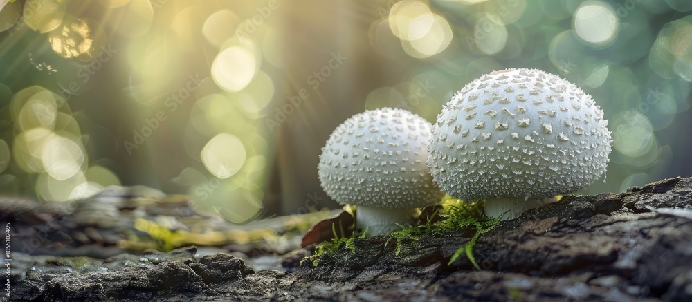 Aufkleber two white lycoperdon mushrooms placed on a tree trunk with a natural background for a copy space ima