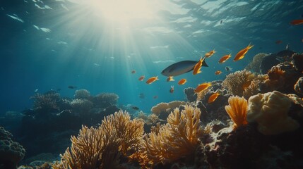 Obraz premium A school of yellow fish swim over a vibrant coral reef in a sunlit ocean.
