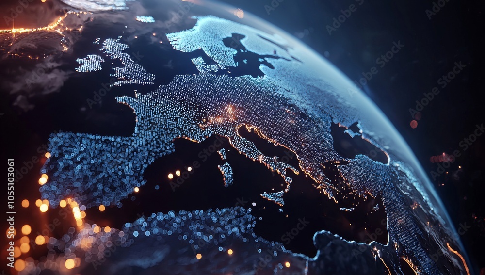 Poster global network and connectivity with digital data flows from world map to blue glowing city lights